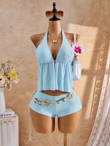 Bellisia 26SS Spring/Summer Vacation Beach Holiday Vacation Rhinestone Butterfly Print Halter Tankini Set Light Blue Tropical - Baby Blue - View 1