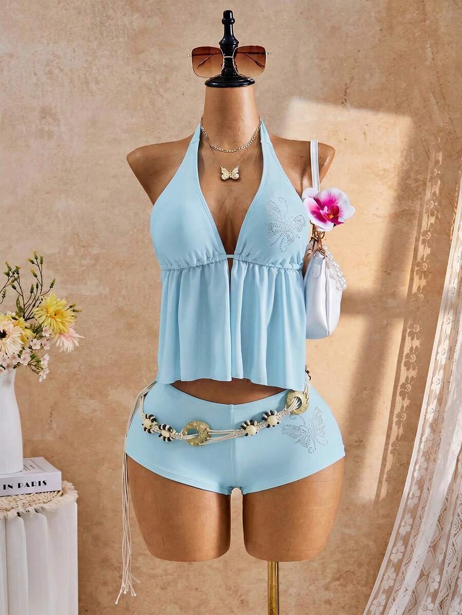 Bellisia 26SS Spring/Summer Vacation Beach Holiday Vacation Rhinestone Butterfly Print Halter Tankini Set Light Blue Tropical - Baby Blue - View 1