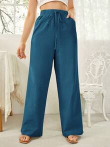 SHEIN Essnce Women's Solid Color Waist Tie Pocket Wide Leg Pants - Teal Blue - View 4