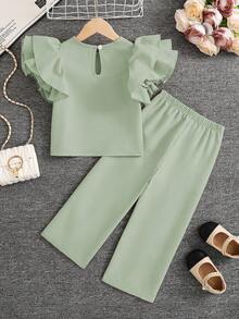 SHEIN Elladie kids Young Girl Minimalist Ruffle Collar Short Sleeve T-Shirt And Long Pants Set - Green - View 2