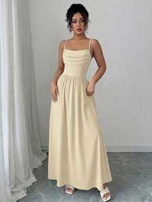 Elenzga Women's Elegant Romantic Chiffon Spaghetti Strap Waist Cinched Flowing Dress, Suitable For Wedding Guests, Sisters Gathering - Apricot - View 7
