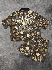 PAVTROS Manfinity Streetrush Men Allover Print Short Sleeve Shirt & Shorts Two Pieces Outfit Street Wear, For Back To School - Multicolor - View 5