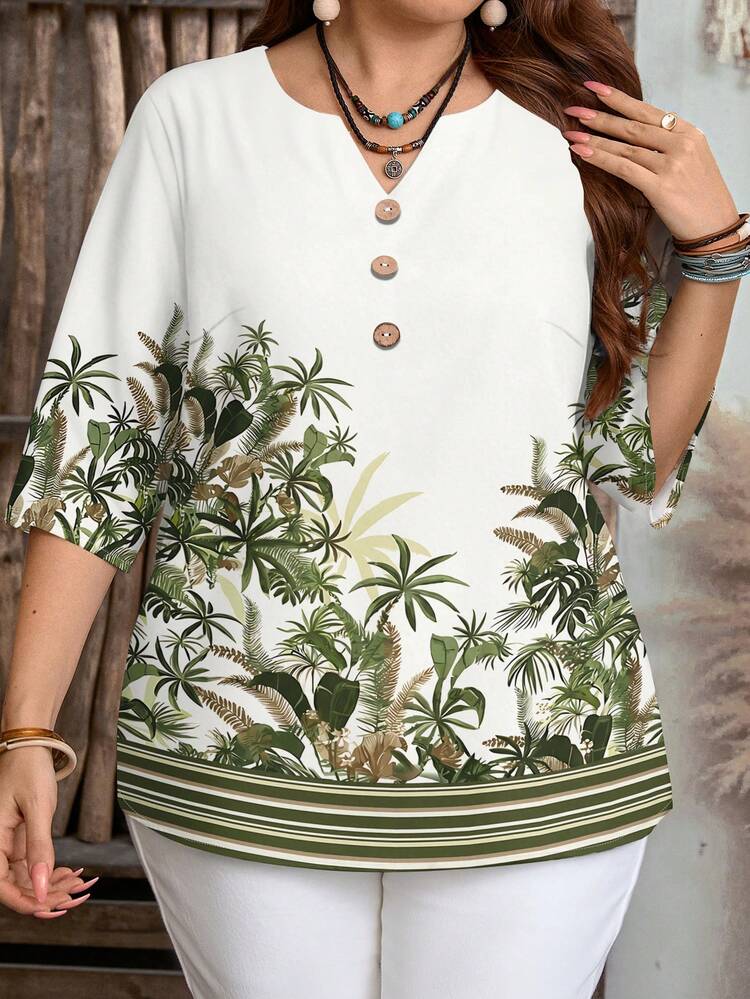 Plus Size Women Casual Minimalist Floral Print Shirt, Suitable For Summer Casual Blouse For Women Beach Outfit For Women  Summer Outfits For Women Summer Top