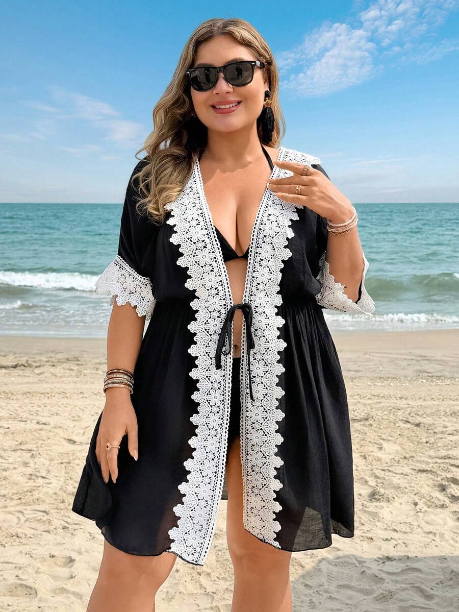 Swim Lushoire Plus Size Women's Front Tie Short Sleeve Beach Lace ...