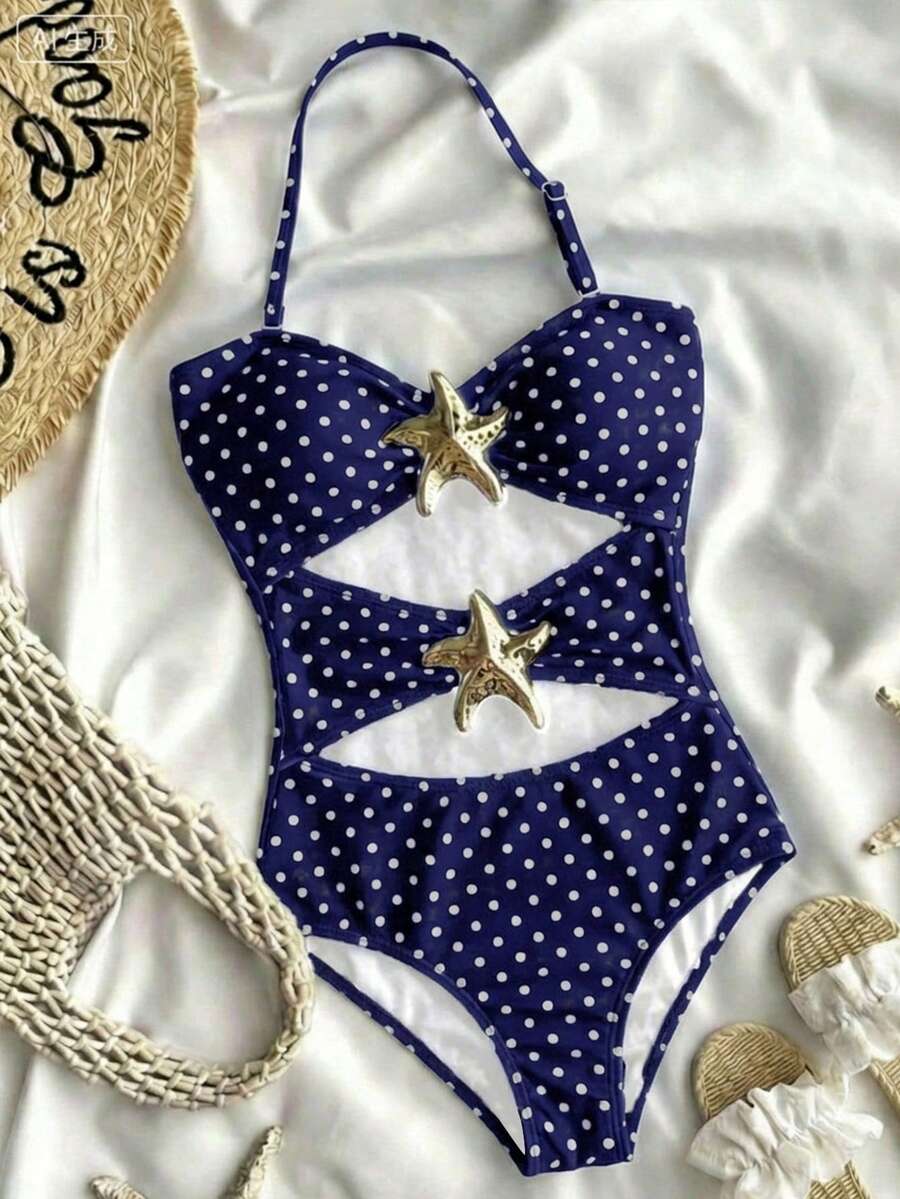 SHEIN Tween Girls' Summer Beach Vacation Navy Blue Polka Dot Print Halter Metal Starfish Decor One-Piece Swimsuit - Blue - View 1