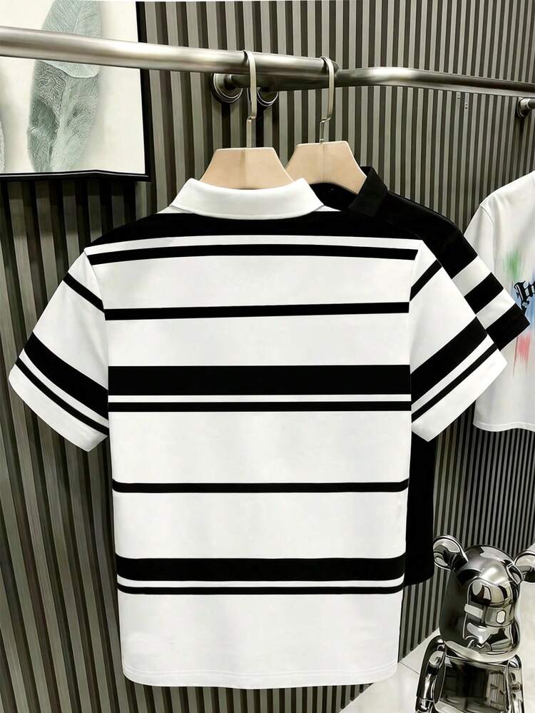 Manfinity Dauomo 男士标准款 Polo 衫，夏季休闲上衣，图案设计，经典条纹印花，百搭日常穿着，时尚百搭，适合户外和日常穿着。 - 彩色 - 查看 2
