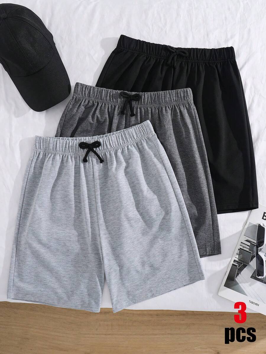 SHEIN 青少年男孩 3件組抽繩腰運動短褲,夏季休閒日常運動款,適用於學校、旅行、派對、婚禮、洗禮與開學典禮 - 彩色 - 查看 1