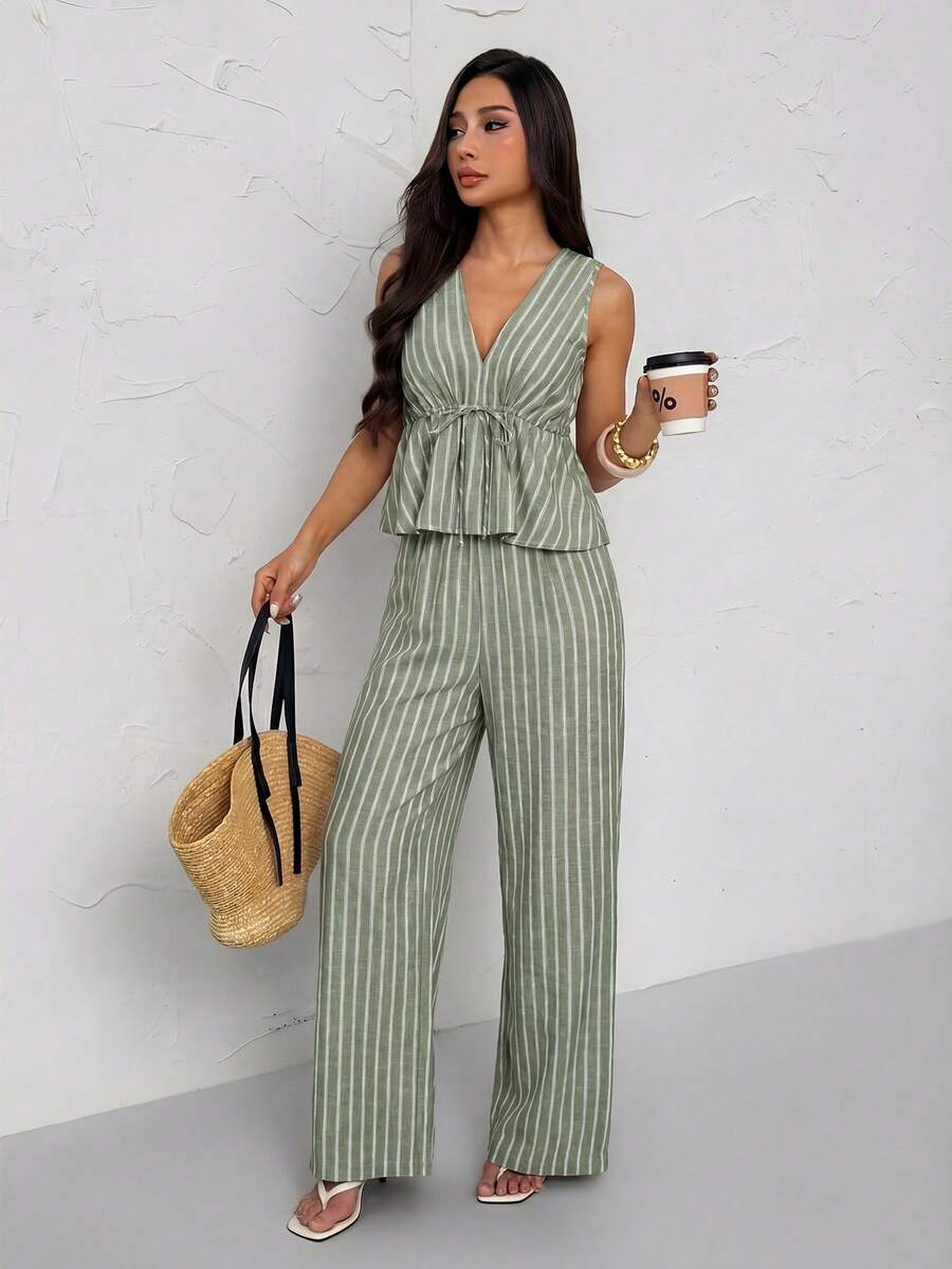 SHEIN PETITE 女款綠色條紋綁腰無袖襯衫與長褲兩件套,夏季休閒波希米亞度假復古風格,適合嬌小身型野餐穿搭 - 軍綠色 - 查看 1