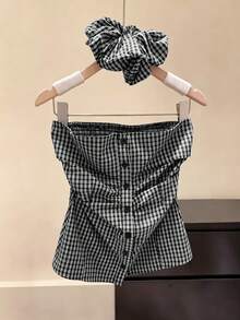 Franclia Women's Casual Plaid Print Ruched Bandeau Top With Hair Scrunchie - Black and White - View 4