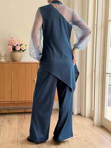 Livesso Women's Asymmetric Hem Mesh Lantern Sleeve Top And Jeans Set, Brunch Swimming Style, Pastal, Elegant Sexy Autumn Outfit - Blue - View 2