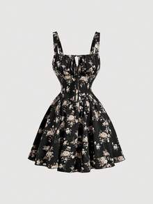 SHEIN MOD 女款花卉印花前綁帶優雅細肩帶迷你洋裝 - 黑色 - 查看 2