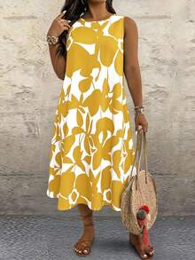 SHEIN LUNE CURVE Plus Size Round Neck Sleeveless All-Over Print Loose Casual Summer Dress - Yellow - View 6