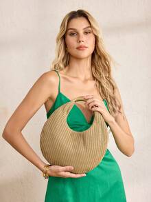 MOTF Bolso de mano tejido de mujer en color caqui, con asa de herrajes exquisitos, bolso redondo simple y ligero para ir al trabajo, adecuado para vacaciones de verano, viajes, ocio, playa, , combinable - Caqui - Ver 7