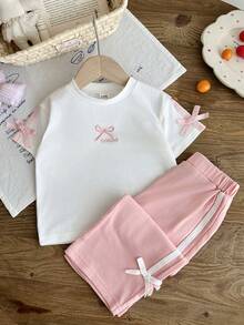 SHEIN 2件組女嬰幼兒0-3歲休閒百搭街頭風黑色T恤與長褲套裝 - 粉色 - 查看 5