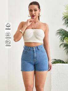 SHEIN Cottnline Washed Denim Casual Shorts For Summer Vacation Light Blue - Medium Wash - View 4