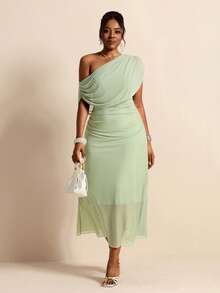Elaquor Robe tricotée grande taille printemps/été, nouvelle, élégante, à épaule asymétrique, manches courtes, taille plissée, décontractée et polyvalente pour le port quotidien - Vert - Voir 7