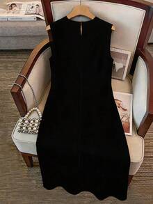 EMERY ROSE Plus Size Women Woven Tape Splice Loose Sleeveless Dress - Black - View 2