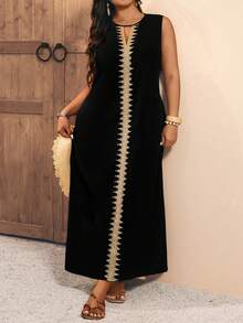 EMERY ROSE Plus Size Women Woven Tape Splice Loose Sleeveless Dress - Black - View 7