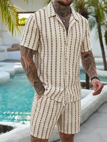 VENTUSAIL 2 Pcs/Set Men's Blue And White Stripe Button-Down Hollow Shirt And Shorts Set,Tropical Vacation,Summer Seaside Beach Casual Wear Daily Leisure Holiday - Multicolor - View 1