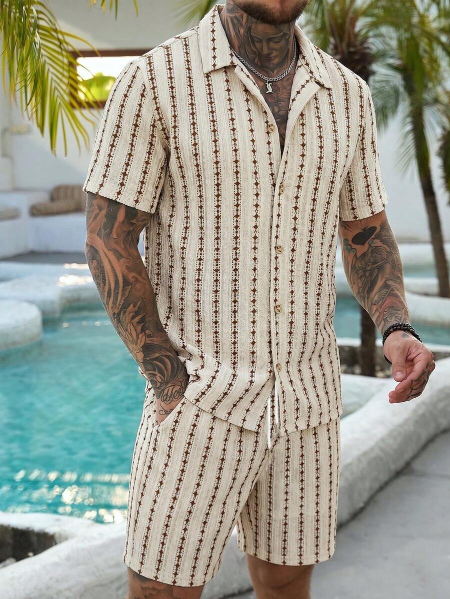 VENTUSAIL 2 Pcs/Set Men's Blue And White Stripe Button-Down Hollow Shirt And Shorts Set,Tropical Vacation,Summer Seaside Beach Casual Wear Daily Leisure Holiday - Multicolor - View 1