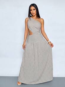 SOLERSUN Abito lungo da donna in stile casual da vacanza in lino a righe con spalle scoperte e dettagli traforati, estetica vintage - Albicocca - Visualizzare 6