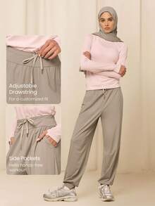 GLOWMODE Pantalones jogger X Reem Modest de ajuste relajado, con protección solar y refrigeración rápida, cintura ajustable con cordón, bolsillos laterales, para entrenamiento, running, gimnasio y uso diario activo - Caqui - Ver 4