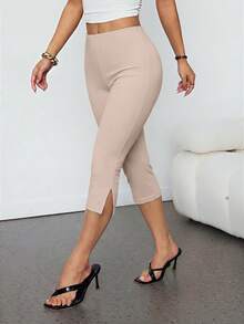 SHEIN PETITE Quần legging lửng nữ màu trơn dáng ôm, xẻ gấu, thích hợp mặc tập thể dục, công sở, đi chơi, phong cách quý tộc, trang phục giáo viên, quần lửng nữ, quần áo mùa hè cho nữ. - Lạc đà - Xem 7