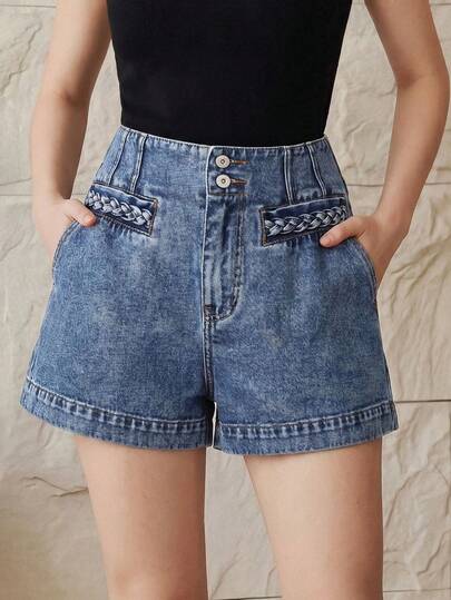 Anewsta Quần short denim nữ dáng suông chữ A cạp cao màu nâu giặt vintage phong cách mùa hè