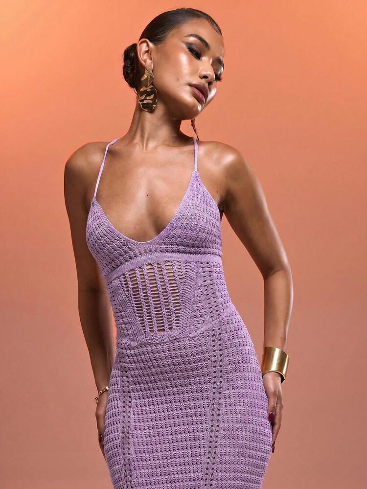 MUSERA Crochet Halter Neck Corset Panel Lace Up Back Maxi Dress