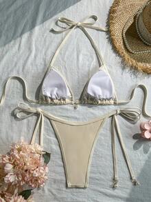 Costavie Swim Bonvoyette 兩件式泳裝，春夏季海灘度假，亮片紋理面料，珍珠裝飾，掛脖三角上衣與側綁下裝性感比基尼套裝 - 杏色 - 查看 2