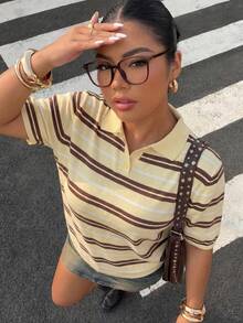 Muchica Plus Size Mustard Yellow Striped Knit Top - Pale Yellow - View 2