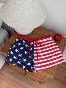 SHEIN EZwear 女士七月四日美国国旗风格休闲印花短裤，适合日常通勤、约会、聚会、秋冬夏季、圣诞节、新年、感恩节、派对、婚礼、海滩、毕业典礼、时尚、优雅、休闲、外出、约会、预订、通勤、闪亮、情人节、优雅、度假、休闲、Y2K、外出、毕业典礼等场合。 - 彩色 - 查看 3