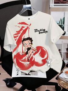 Betty Boop x SHEIN 女款卡通櫻桃印花T恤 - 白色 - 查看 3
