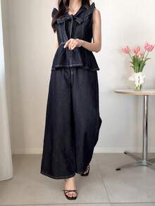 FRIFUL Setelan Atasan Denim Wanita Elegan dengan Kerah Simpul dan Hem Bergelombang serta Celana Jeans Kaki Lebar, Cocok untuk Pakaian Sehari-hari Musim Semi/Panas dan Kantor - Biru - View 5