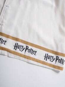 HARRY POTTER X SHEIN 男士度假条纹字母印花单排扣T恤和休闲短裤套装 - 卡其色 - 查看 6