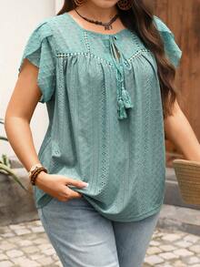 EMERY ROSE Plus Size Women Summer Casual Vacation Country Petal Sleeve Brown Blouse Top, Going Out Gym Outfits, Suitable For Summer Vacation, Boho Top - Green - View 7