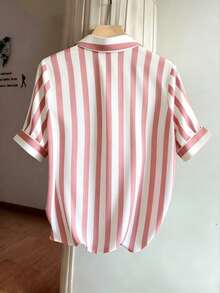 GlowEve CURVE Plus Size Woven Blue & White Striped Asymmetrical Hem Short Sleeve Casual Shirt - Dusty Pink - View 2