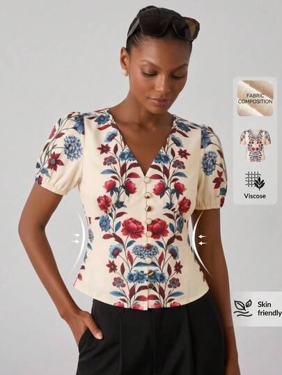 Lilora Blusa elegante de mujer con cuello en V y mangas cortas con pétalos con estampado floral
