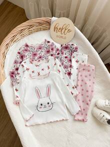 6-Piece Newborn Baby Girl Cute Casual Knitted Polka Dot Pattern Pink Long Sleeve Set For Spring, Autumn And Winter - Multicolor - View 3