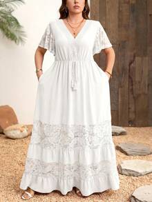 SHEIN Clasi Plus Size Elegant Lace Patchwork V-Neck Bohemian Style Dress - White - View 5