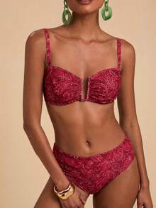 Travachic Bộ bikini mùa hè in họa tiết retro dành cho nữ - Đỏ - Xem 1