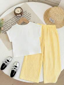 SHEIN LMoss Kids 2 Stücke Kleine Mädchen Strick Einfarbiges Rundhals T-Shirt und Lässige Hose mit Schmetterling Dekor Set - Gelb - Übersicht 2