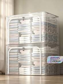 1 Set Of 66L Transparent PVC Storage Box, Large Waterproof Household Steel Frame Box For Storing Clothes, Blankets, Organizing Box, Foldable Wardrobe Storage Box - White - View 1