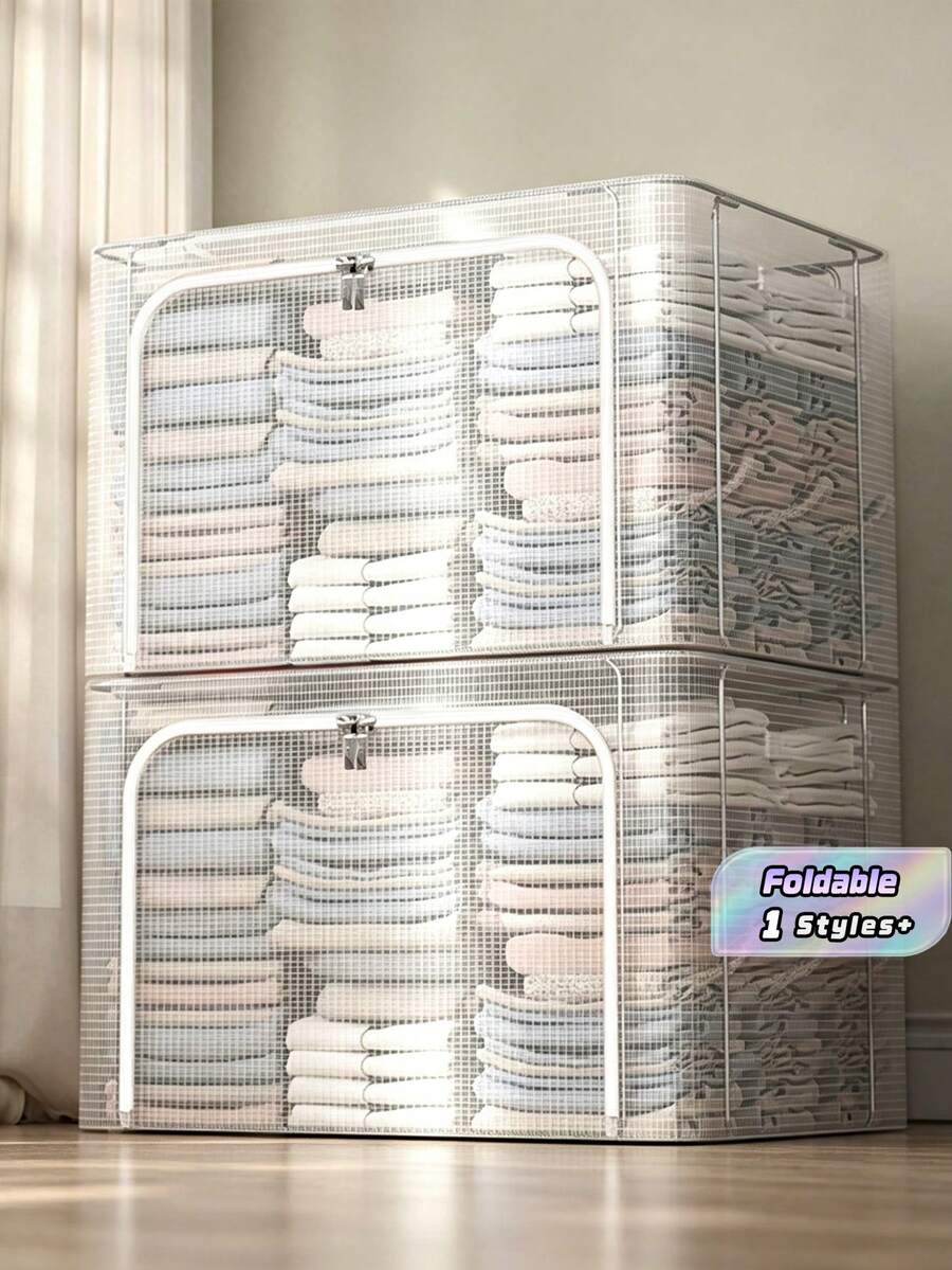 1 Set Of 66L Transparent PVC Storage Box, Large Waterproof Household Steel Frame Box For Storing Clothes, Blankets, Organizing Box, Foldable Wardrobe Storage Box - White - View 1