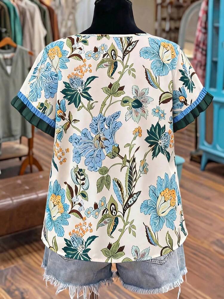 Linhara Plus Size Women Floral Print Round Neck Ruffle Sleeve Casual Blouse - Multicolor - View 2