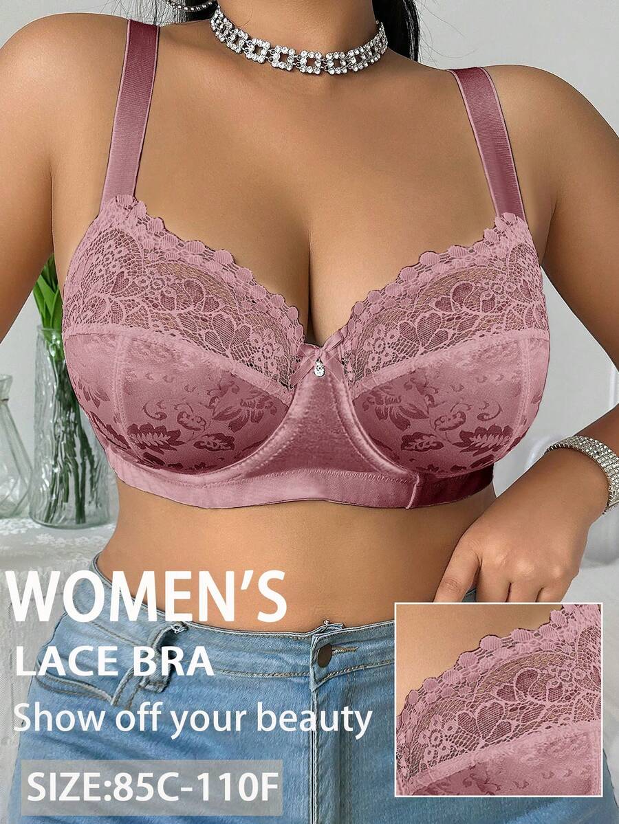 DesireSculpt 1pc Plus Size Lace Patchwork Underwire Bra - Coffee Brown - View 1