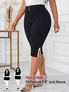 SHEIN Tall CURVE 大码女式纯色长裤，时尚夏季大码女式短裤 - 黑色 - 查看 3