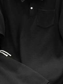 SHEIN Bộ 2 món cho bé trai tuổi teen, áo polo tay ngắn cổ bẻ dáng rộng, màu trơn, trang phục thường ngày thoải mái để đi làm, đi học, chơi thể thao, phù hợp cho mùa xuân/hè. - màu đen - Xem 7