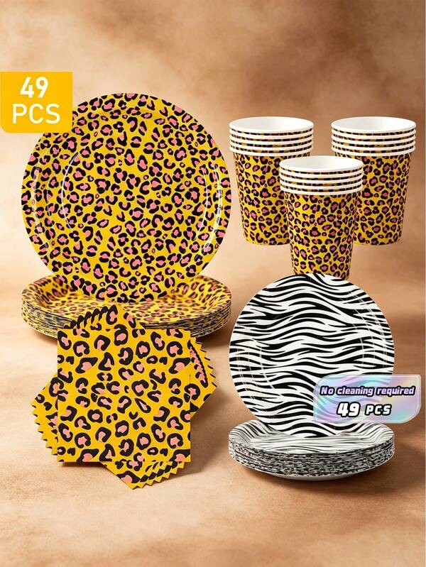 Leopard Print Disposable Plates, Napkins And Cups Set For 8 Guests. This Disposable Party Supplies Set, Including Plates, Napkins And Cups, Is Perfect For Birthday Parties, Weddings And Family Picnics.