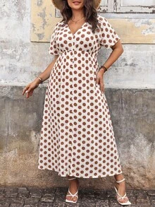 Ceyna 大码女式夏季波点V领蝙蝠袖休闲长连衣裙 Maxi 女装 - 粉色 - 查看 3